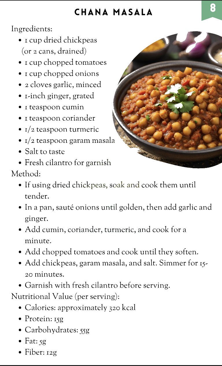 Sample page: Chana Masala high-protein recipe with nutrition